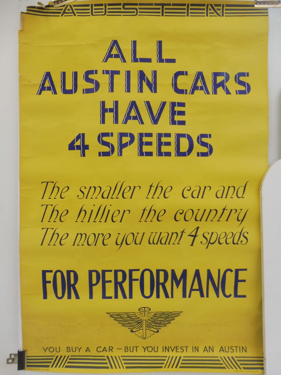 A rare Austin poster - All Austin Cars Have Force Feeds, publication no. 136C, 20 x 30".