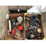 Two boxes of various workshop equipment including gauges, a wooden box etc.