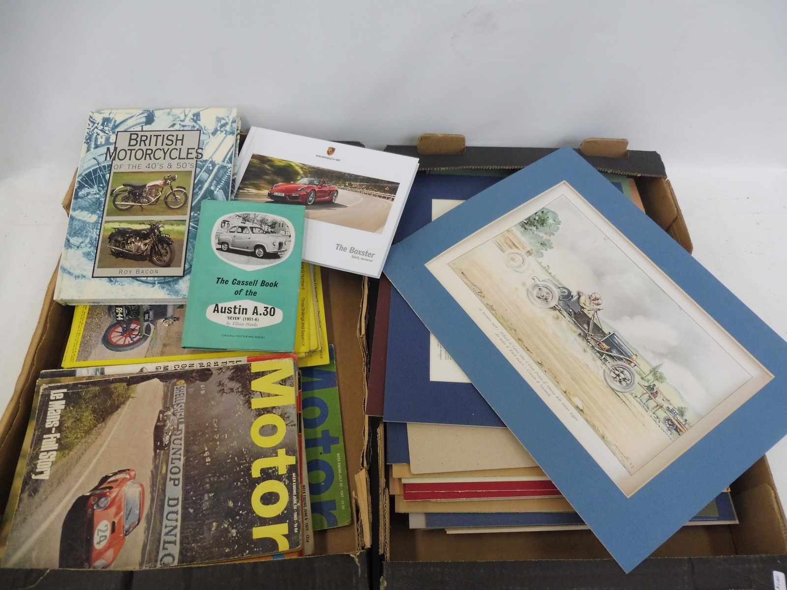 A box of veteran and vintage magazines, various motoring prints and motoring volumes.