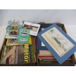 A box of veteran and vintage magazines, various motoring prints and motoring volumes.