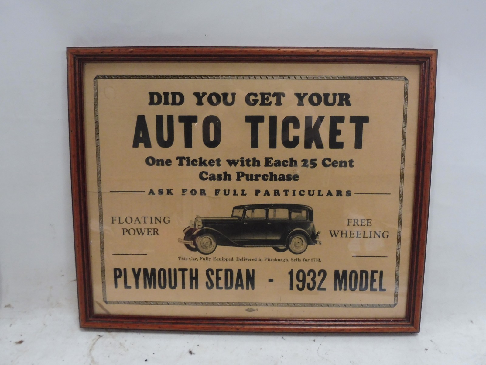 A framed and glazed advertisement for Plymouth Autoticket, 1932 model, 15 x 12".