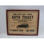 A framed and glazed advertisement for Plymouth Autoticket, 1932 model, 15 x 12".