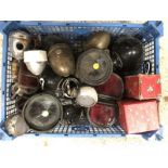 A tray of mostly pre-war lamps including a pair of Rotax brass side lamps, a pair of D-lamps etc.