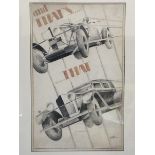 A framed and glazed Talbot related advertisement artwork, depicting the two cars from the Talbot