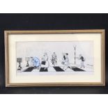 A framed and glazed Alex Oxley motoring related cartoon depicting a group of figures on a zebra