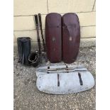 Two sets of BSA motorcycle leg shields plus two pairs of leather gaiters.