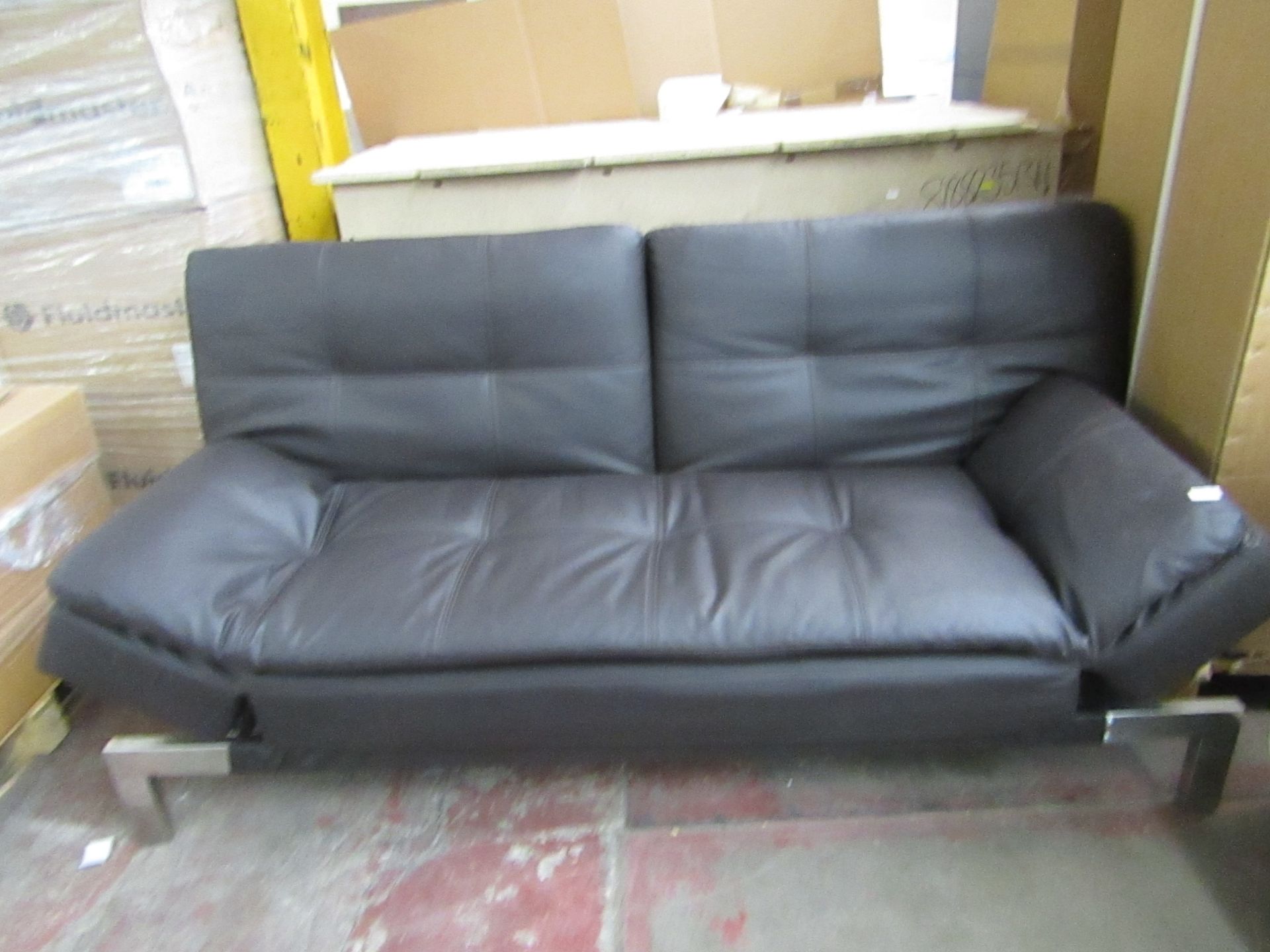Dark Brown Bonded Leather Euro Lounger Convertible Sofa Bed (Has a small tear on arm.)