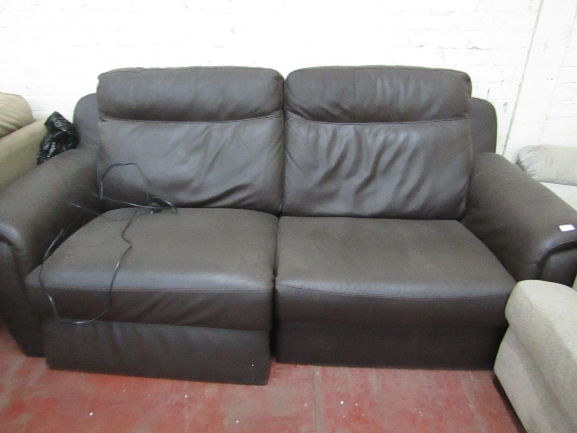 Calia Brown Italian Leather Large 2 Seater Electric Reclining Sofa, the wire has been cut so the