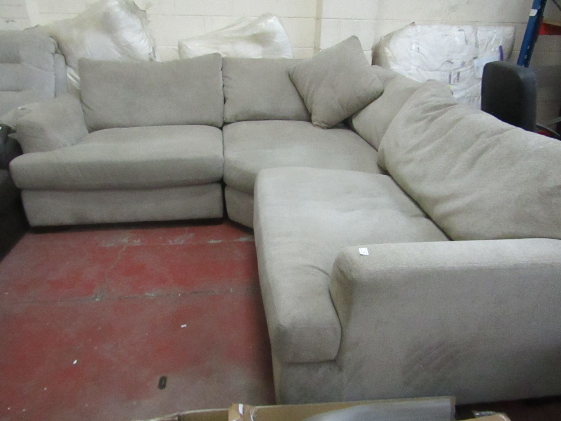 Large Beige fabric Corner Sofa with a Spare set of Seat Pad Cushions, approx 2.5mtrs x 2.5mtrs