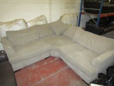 Large Costco Beige fabric Corner Sofa with a Spare set of Seat Pad Cushions, approx 2.5mtrs x 2.