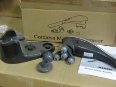Cordless handheld massage hammer with various head attachments. New & boxed.