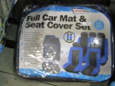 Full car mat and seat cover, unchecked and boxed.