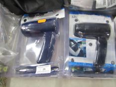 2x 12v Hair dryers, in packaging unchecked