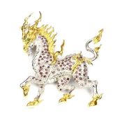 This unique Natural Rhodolite Garnet & Natural Emerald brooch in the shape of a Dragon is Unique -