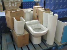 8x Various items being a floor mounted Villeroy and Boch back to wall toilet, 3x semi pedestals & 4x