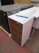 Showcase cabinet with door & dump bin. Please Note: by bidding on this item you are agreeing to take