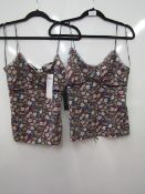 2 x WYLDR London Ladies Multi Floral coloured Cami's  with Keyhole Back Tie & Black Lace Trim