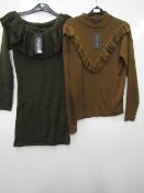 2 items being BooHoo Ladies Green Jumper size M new with tags & New Look Ruffle Front Jumper size