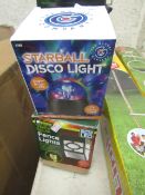 2x items being a starball disco light and a 2 pack solar fence lights rechargeable battery , both