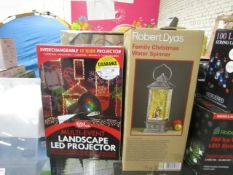 3 X Items being,xmas water spinner,landscape led projector,wooden xmas sign,all unchecked & boxed