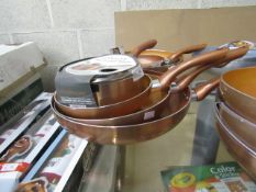 4x different bronze colour pans being a 16cm pan , 20cm pan , 24cm pan and a 28cm pan, new