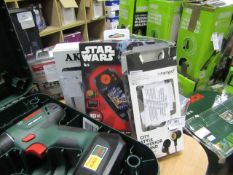 3x Items being; Intempo earphones, tested working and boxed Star Wars compact cyber arcade set,