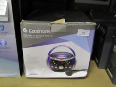 Goodmans portable CD karaoke system with disco lights, untested and boxed.