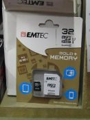 Emtec Gold+ Mememory 32gb micro SD card with standard SD card adapter. New in packaging.