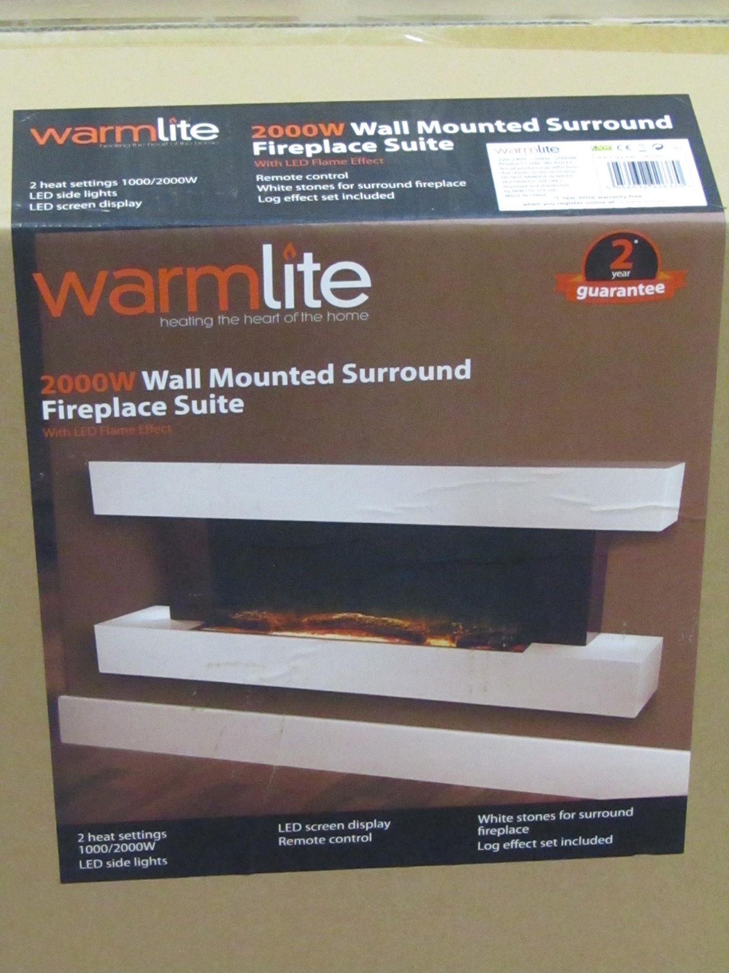 2000w Wall Mounted surround electric fire place suite with LED flame effect, new and boxed, features