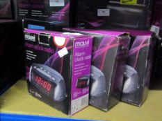 3x Mouvi alarm clock radio, all untested and boxed.