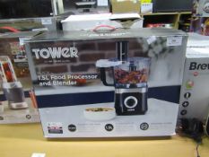 Tower black 1.5L food processor and blender, tested working and boxed.