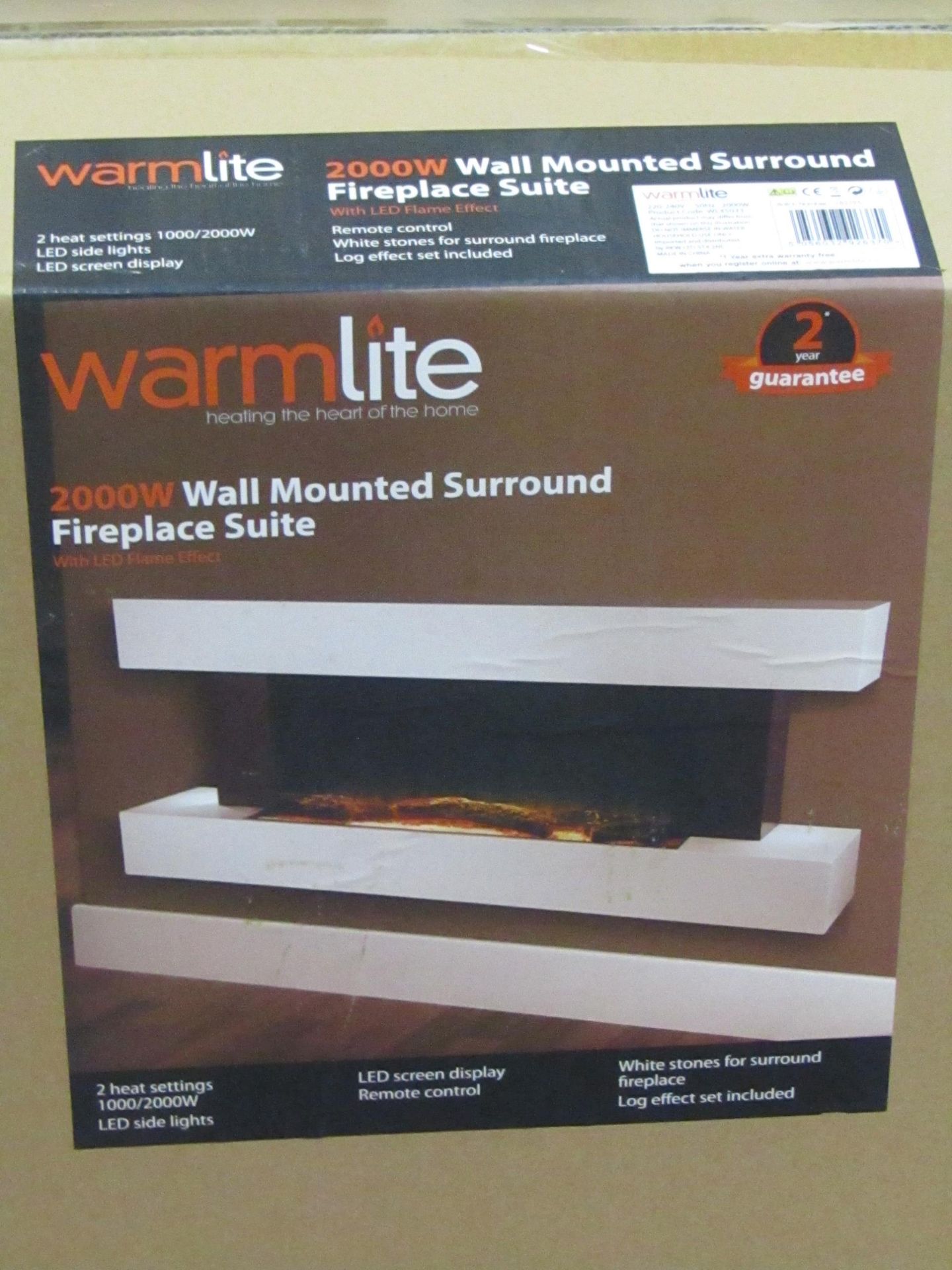 2000w Wall Mounted surround electric fire place suite with LED flame effect, new and boxed, features
