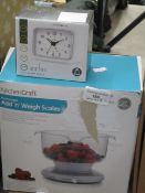 2x Items being: - KitchenCraft mechanical add 'n' weigh scales - Acctim sofia alarm clock Both