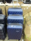 Set of 3 American Tourister hard shell 4 wheel suitcases, the large case has a faulty zip and the