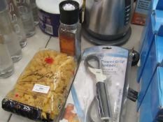 3x Items being: - Home smart power grip opener - Pack of pasta - Black pepper grinder All