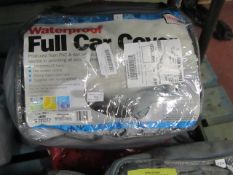 Full car cover, size L, unchecked and packaged.