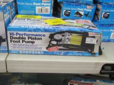 Hi-performance double piston foot pump, unchecked and boxed.