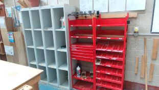 Metal 16 Compartment Unit & Red Metal Shelving Unit with 4 drawers