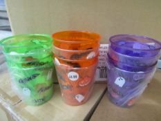 12 x 12 Halloween themed plastic beakers , all new and packaged.