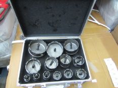 12 Piece hole saw set in metal carry case, complete with its own arbour, new.