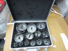 12 Piece hole saw set in metal carry case, complete with its own arbour, new.