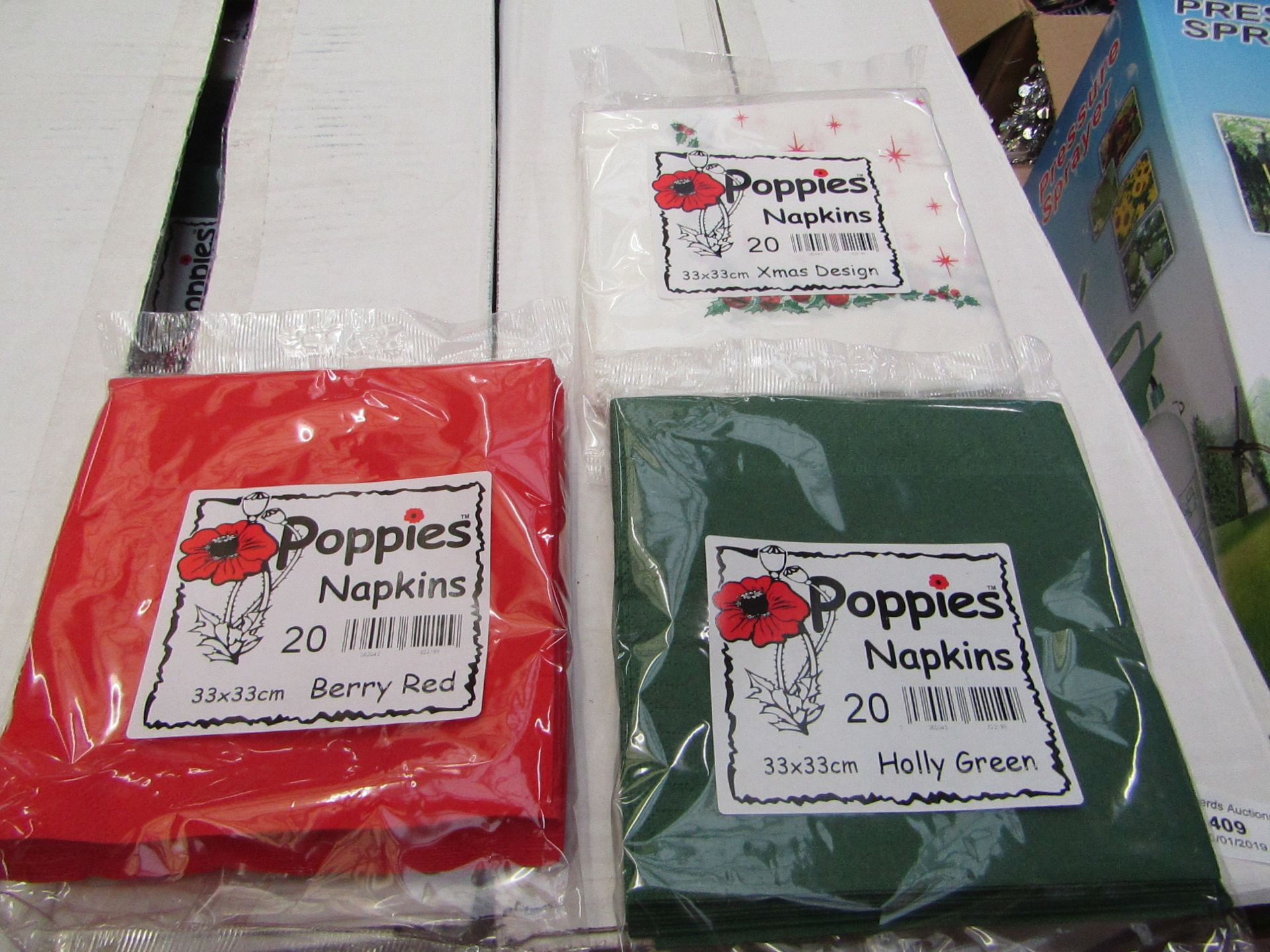 4x Boxes each containing 30 packs of 20 Xmas assorted napkins, all new and packaged.