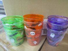 12 x 12 Halloween themed plastic beakers , all new and packaged.