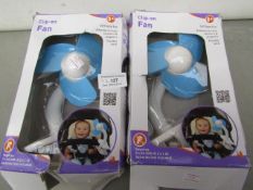 2 x clip on fans for the age of 0+ , boxed.