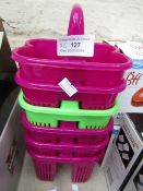 6 x plastic buckets with 5 being purple and on green, unboxed.