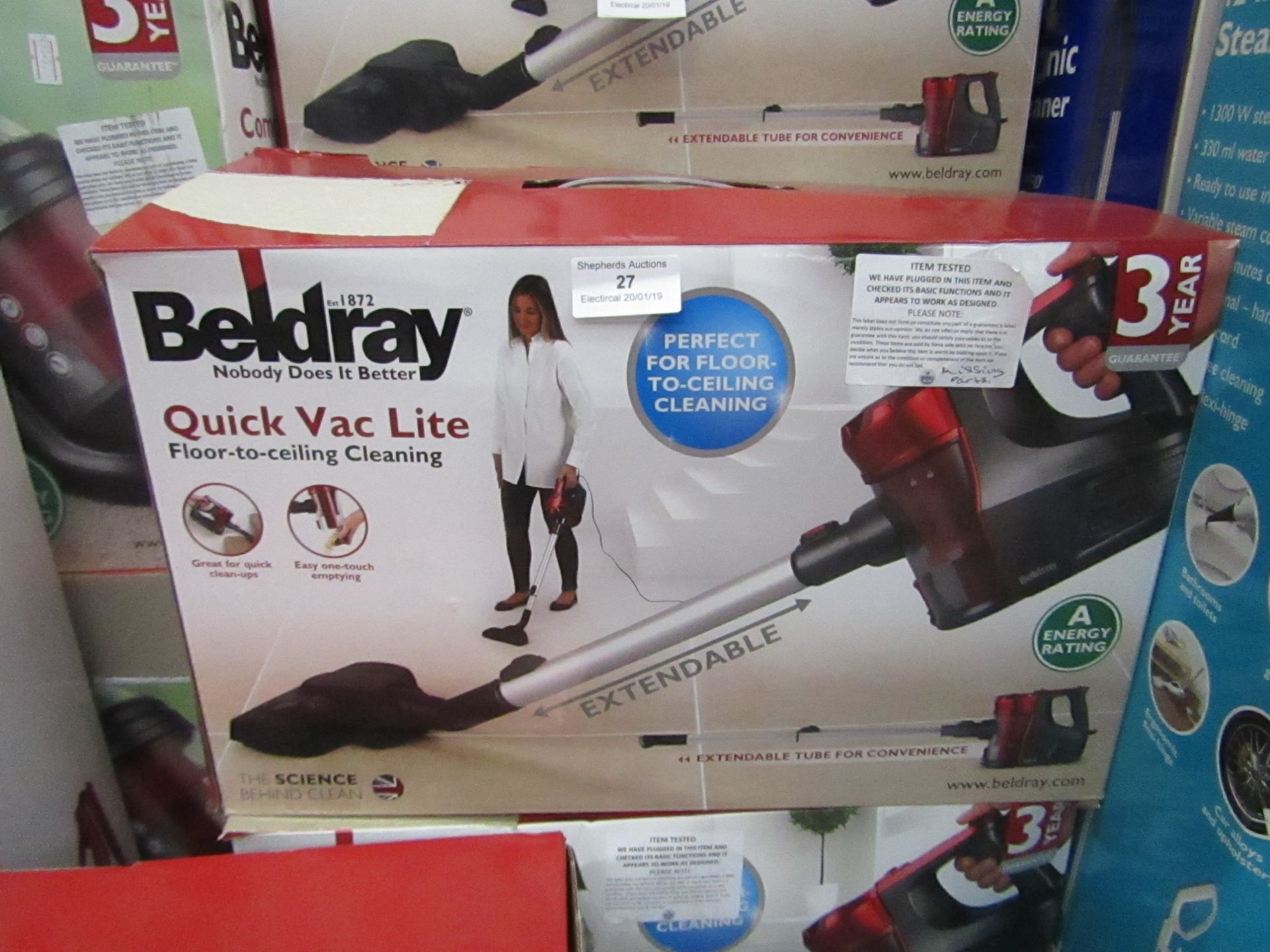 Beldray quick vac lite floor to ceiling vacuum cleaner, tested working and boxed but missing parts