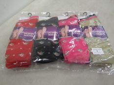 12 pairs of ladies design socks size 4-7 , new and packaged.