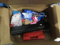 Box of approx 5x various Clarke items including bench vice, tool set and more  Please note: The