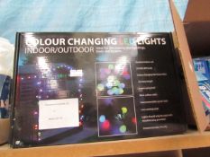 Colour changing LED lights, indoor/outdoor. Unchecked & boxed.