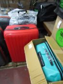 6x Various suitcases (includes a set of 3), all have suffered cosmetic damage.